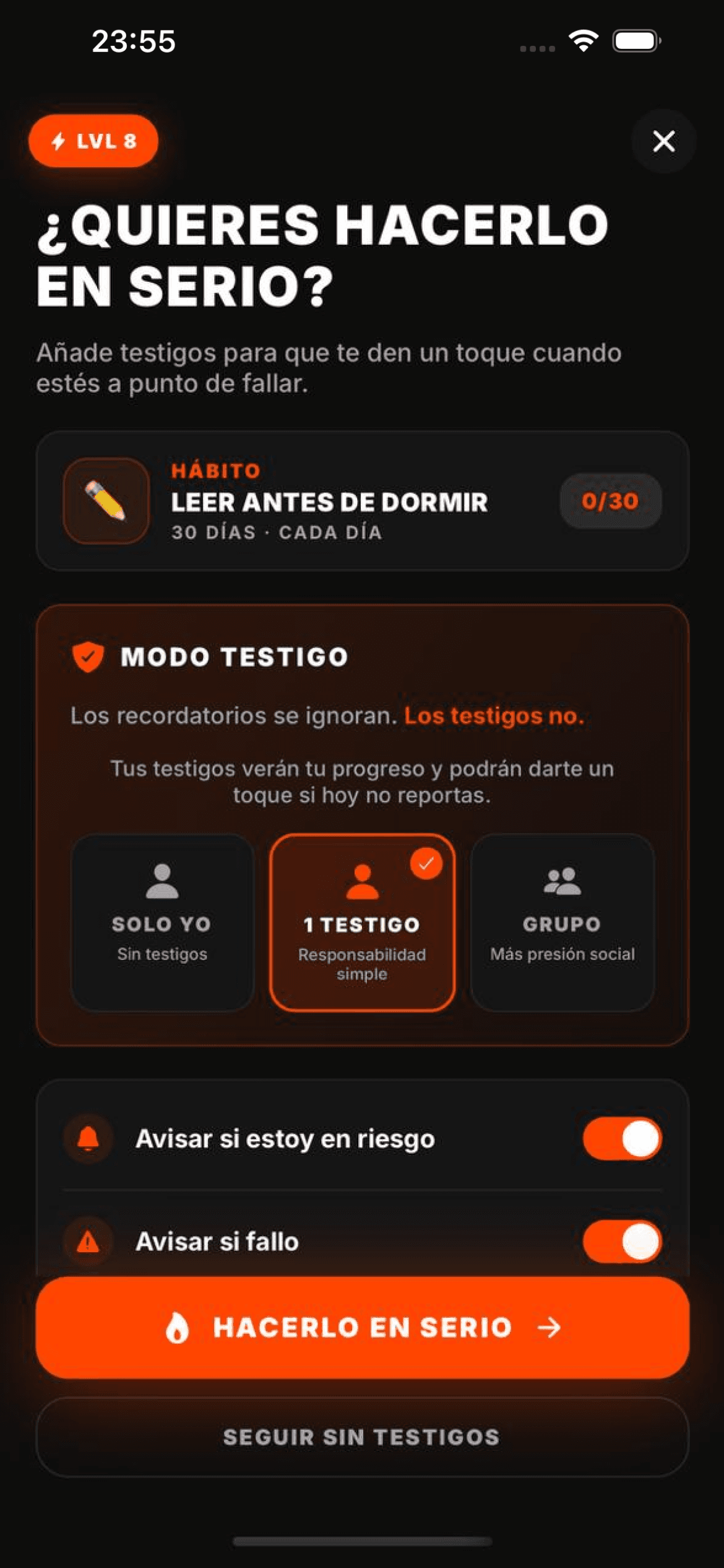 Modo testigo · 3 niveles