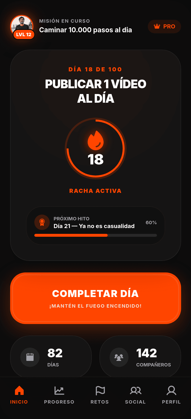 Pantalla principal de No Fallo: misión activa, racha y botón de check-in del día.