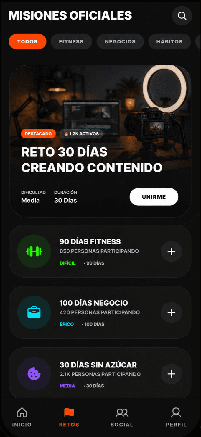 Pantalla de misiones de No Fallo: catálogo de retos diarios y misiones activas.